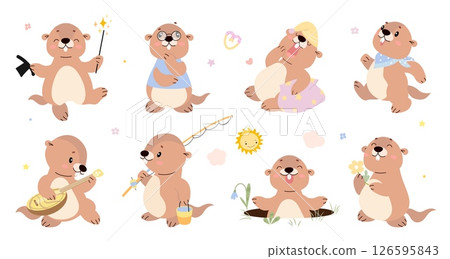 Funny groundhogs. Cartoon groundhog in different poses, funny marmots fishing, sleeping, doing magic. Wild underground animals, nowaday vector clipart 126595843