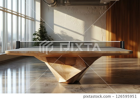 Modern table tennis setup in a sunlit room 126595951
