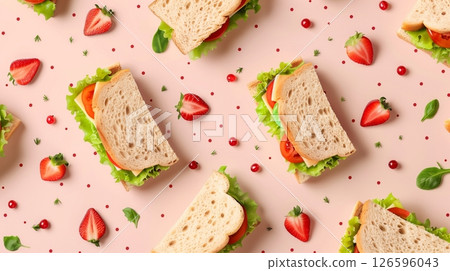 Sandwich toast with lettuce, meat and tomato with strawberry decoration seamless pattern 126596043