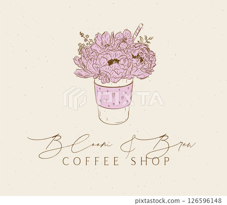 Coffee shop bloom and brew label design 126596148