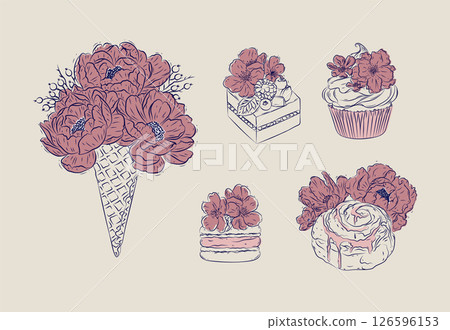 Bakery floral illustrations blue and red Bakery floral illustrations blue and red 126596153