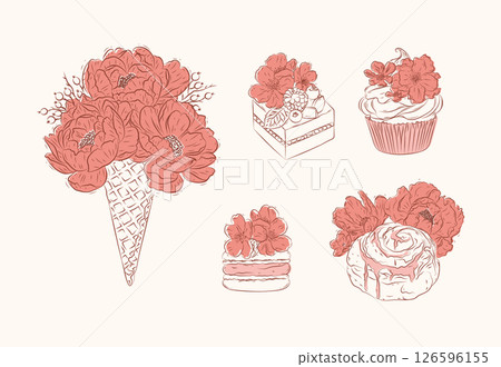 Bakery floral illustrations coral and brown Bakery floral illustrations coral and brown 126596155