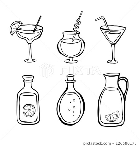 A line drawn illustration of cocktails and bottels in a sketchy style. 126596173