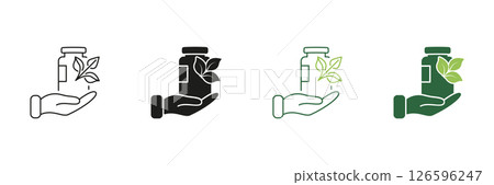 Hand Holding Bottle with Leaf Line and Silhouette Icon Set. Natural Supplements and Organic Vitamins Symbol, Health Products and Wellness. Isolated Vector Illustration 126596247