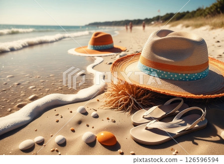 summer beach by the sea in 60s style, macro photography, shells and sand 126596594
