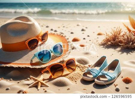summer beach by the sea in 60s style, macro photography, shells and sand summer beach by the sea in 60s style, macro photography, shells and sand 126596595