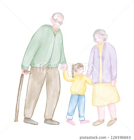 A warm watercolor illustration of a family of grandparents and grandchildren holding hands (Respect for the Aged Day) 126596663