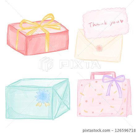 Watercolor illustration of gift boxes and message cards for Mother's Day, Father's Day, birthdays and celebrations Watercolor illustration of gift boxes and message cards for Mother's Day, Father's Day, birthdays and celebrations 126596718