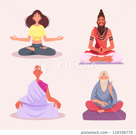 Spiritual gurus. Buddhists teachers, mentors for spiritual seekers exact vector purnima characters collections 126596778