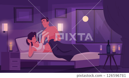 Relationship in bed. Couple lovers playing in bed exact vector cartoon background Relationship in bed. Couple lovers playing in bed exact vector cartoon background 126596781