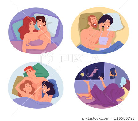 Couples in bed. Lovers man and women playing in bed love night relationship concepts exact vector cartoon characters Couples in bed. Lovers man and women playing in bed love night relationship concepts exact vector cartoon characters 126596783