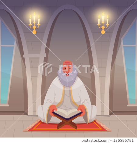 Religious person. spiritual teacher reading holy book. vector cartoon background Religious person. spiritual teacher reading holy book. vector cartoon background 126596791