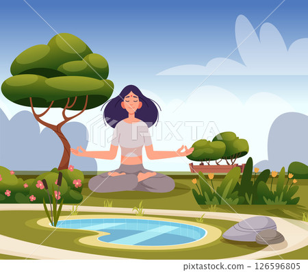 Meditation in nature. A girl meditates in a green garden by a pond 126596805
