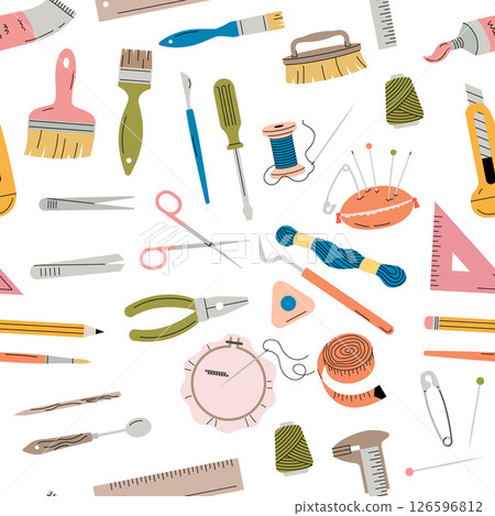 Craft tools. items for handmade design project. brushes needles hooks threads. 126596812