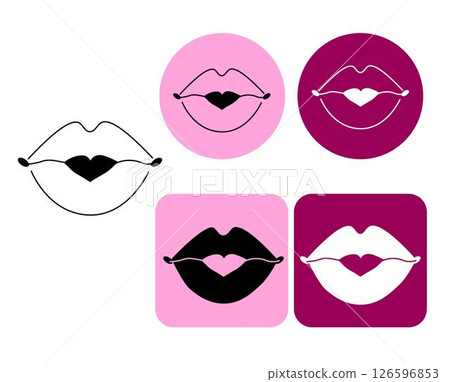 Lips kiss logotype. Vector graphic line illustration. Black and white cosmetic makeup art. Silhouette sign for logo, print, comics, fashion, pop art, boards, design, stickers, decoration, posters 126596853