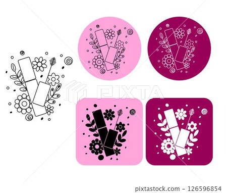 Mascara Flower logotype. Vector graphic line illustration. Black and white cosmetic makeup art. design for fashion graphics, textile prints, fabrics, wallpapers. 126596854