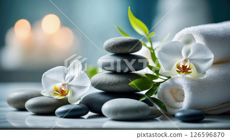 Smooth stones stacked with delicate white orchids and soft towels create a serene atmosphere in a calming spa environment perfect for relaxation and rejuvenation near soft candlelight. 126596870