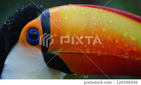 A vibrant toucan displays its large colorful beak glistening with rain droplets in a lush tropical setting. The bird's striking blue eye contrasts beautifully with the greenery. 126596898