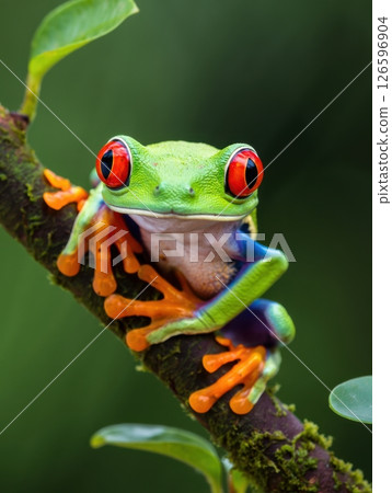 Bright green frog with red eyes sits comfortably on a branch surrounded by lush foliage. Vibrant colors stand out in this tranquil jungle setting highlighting nature's beauty. 126596904