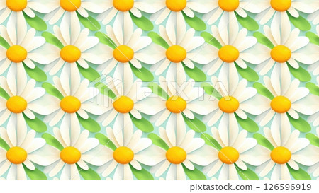Colorful daisies bloom joyfully in a repeating pattern their white petals and golden centers standing out against a soft green backdrop bringing warmth and cheerfulness. 126596919