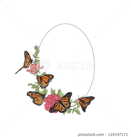 Hand drawn orange monarch butterfly and rose flowers oval frame 126597172