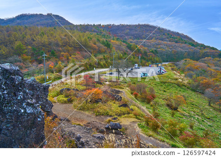 從長野縣南佐久郡平澤嶺（獅子岩八岳觀景台）向南眺望（平澤嶺、獅子岩停車場、井盛山登山道等） 126597424