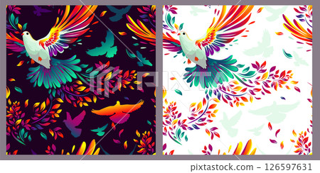 The colorful bird of peace, the dove Seamless pattern for fabric. Set of backgrounds dark and light. hand drawing. Not AI. Vector illustration 126597631