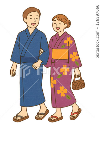 身著浴衣、帶著微笑行走的男女日式插圖 |夏日祭典、情侶、日本文化 126597666