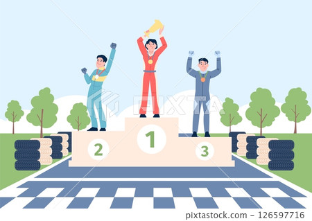 Winners of car racing on the podium. Process of awarding winner of drivers of different teams in uniform on race track. Flat vector illustration Winners of car racing on the podium. Process of awarding winner of drivers of different teams in uniform on race track. Flat vector illustration 126597716