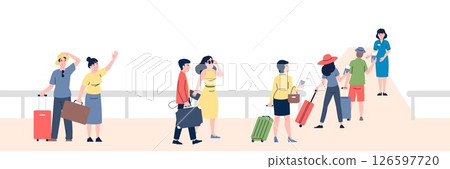 People with luggage go to passport and documents tickets control. Enter on ship, train or bus. Check in on cruise, waiting line tourists, vector element 126597720