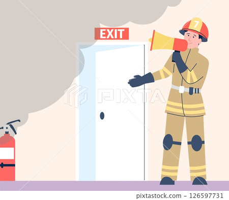Emergency evacuation in case of fire. Drill, smoke from fire and emergency exit. Uniformed firefighter with megaphone points to open door, vector scene 126597731