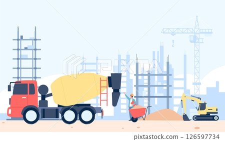 Building process on construction ground. Special transport, sand pile and builder. Concrete mixer, truck, build works in new district, vector illustration 126597734