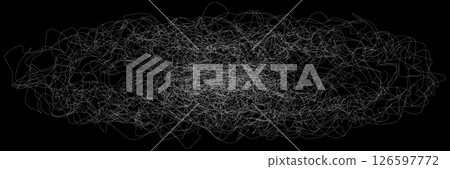 Tangle chaos of thin white threads or web on black bg with loop texture 126597772
