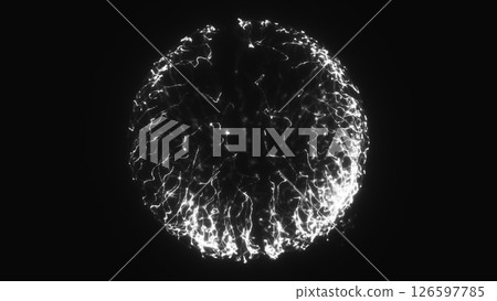 Bright white glowing sphere made of shimmering light threads, radiating against a black background 126597785