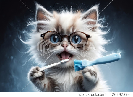 Funny kitten with a brush while brushing teeth 126597854