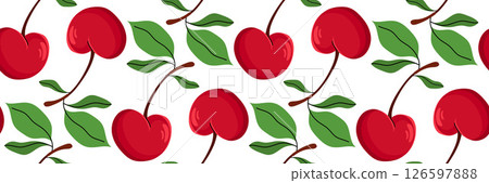 Seamless pattern with red cherry and green foliage. Spring garden background. Perfect for textile, menu, packaging, kitchen design, recipe. Cartoon vector illustration. Seamless pattern with red cherry and green foliage. Spring garden background. Perfect for textile, menu, packaging, kitchen design, recipe. Cartoon vector illustration. 126597888