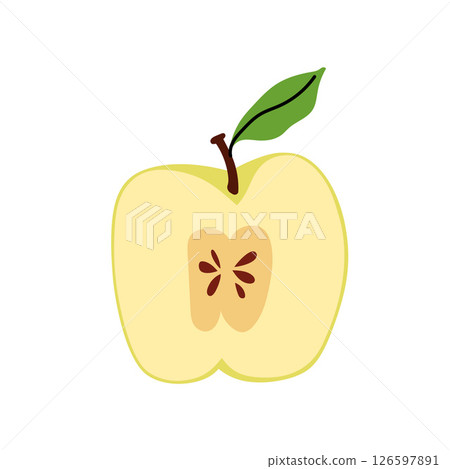 Simple half full green apple on white background. Hand drawn icon fruit with green lives. Farm and agriculture, organic food. Flat vector illustration for packaging, branding, menu, recipe. Simple half full green apple on white background. Hand drawn icon fruit with green lives. Farm and agriculture, organic food. Flat vector illustration for packaging, branding, menu, recipe. 126597891