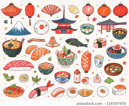 日本傳統美食圖標,可愛的手繪風格 日本傳統美食圖標,可愛的手繪風格 126597939