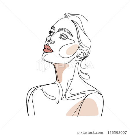 Artistic Woman Portrait with Color Highlights. A modern line drawing of a woman with expressive red lips and beige skin highlights. A fusion of minimalism and fashion-forward art. 126598007