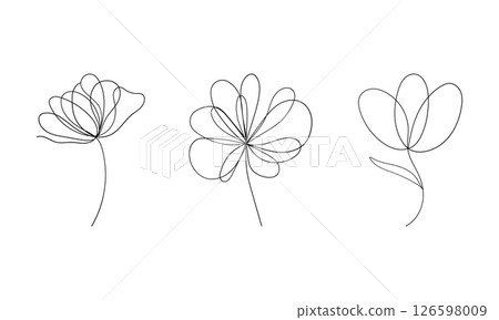 Minimal Floral Outlines Collection I. A set of ultra-minimal floral sketches in black line art without background shapes. 126598009