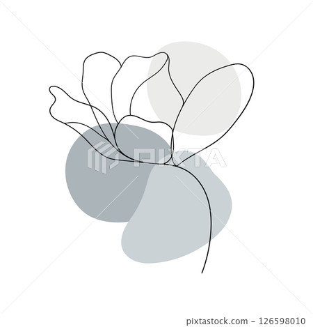 Misty Blue Line Flower. A soft, abstract floral illustration with misty blue and grey accents, drawn with a single continuous line. 126598010