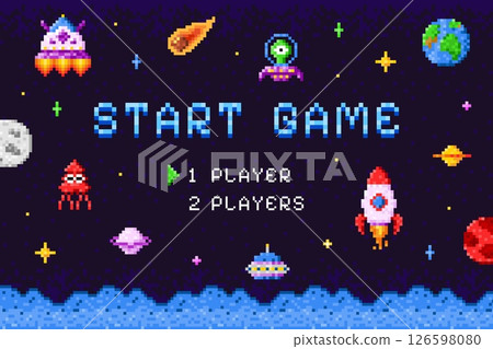 Arcade game start screen. Pixel videogame display interface, retro computer console platform vintage machine monitor 8 16 bit ui press play score gaming, swanky vector illustration 126598080