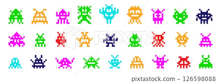 Pixel space invaders. Retro arcade game alien characters, invader robot monster alien virus spaceship battle vintage galaxy videogame 8 bit art icon set, swanky vector illustration 126598088