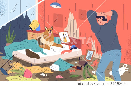 Dog messy room. Naughty pet damage home furniture, mischievous puppy bad behavior problem separation anxiety house destruction dirty floor mess apartment classy vector illustration 126598091
