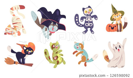 Halloween cats. Cartoon cute kawaii cat in mummy skeleton costume, funny black kitten in witch hat with pumpkin autumn boo scary party decoration, set classy vector illustration Halloween cats. Cartoon cute kawaii cat in mummy skeleton costume, funny black kitten in witch hat with pumpkin autumn boo scary party decoration, set classy vector illustration 126598092