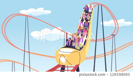 People roller coaster. Friends coworkers ride on rollercoaster in amusement park, thrill happy emotion extreme attraction fast train rail, summer holiday classy vector illustration People roller coaster. Friends coworkers ride on rollercoaster in amusement park, thrill happy emotion extreme attraction fast train rail, summer holiday classy vector illustration 126598093