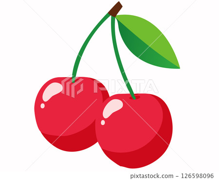 Flat design illustration of two red cherries with green leaves on a clean white background simple and bright style suitable for healthy food concept or summer theme artwork 126598096