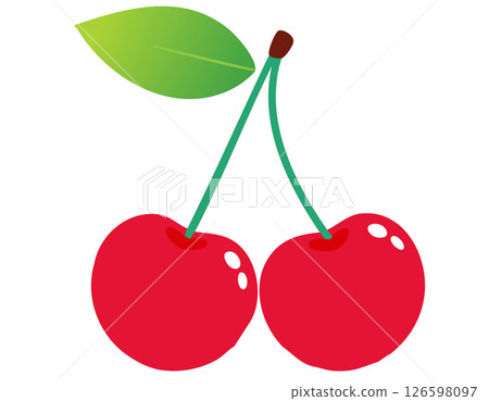 Modern digital art of ripe cherries with glossy red surface soft shadows and a stylized leaf clean composition perfect for diet food and organic product themes 126598097
