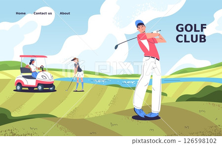 Golf club landing page. Cartoon player stick hit putt ball to hole on field green grass background, professional golfer banner golfing sport competition, classy vector illustration 126598102