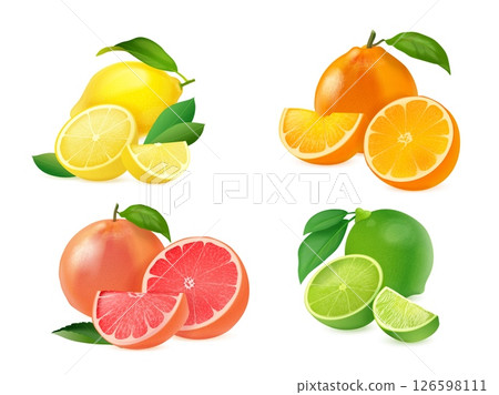 Realistic citrus fruits. 3d lemon grapefruit orange lime fresh juice vitamin c product juicy fruit slice with leaf tropical healthy food oranges set exact vector illustration Realistic citrus fruits. 3d lemon grapefruit orange lime fresh juice vitamin c product juicy fruit slice with leaf tropical healthy food oranges set exact vector illustration 126598111
